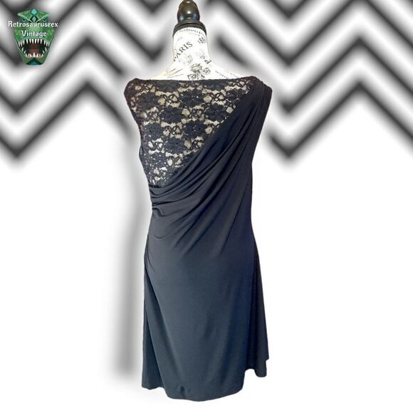 VINTAGE 1990’s Whimsygoth Stretch Nude Lace Little Black Dress, Size 14 Plus Siz - Picture 2 of 7